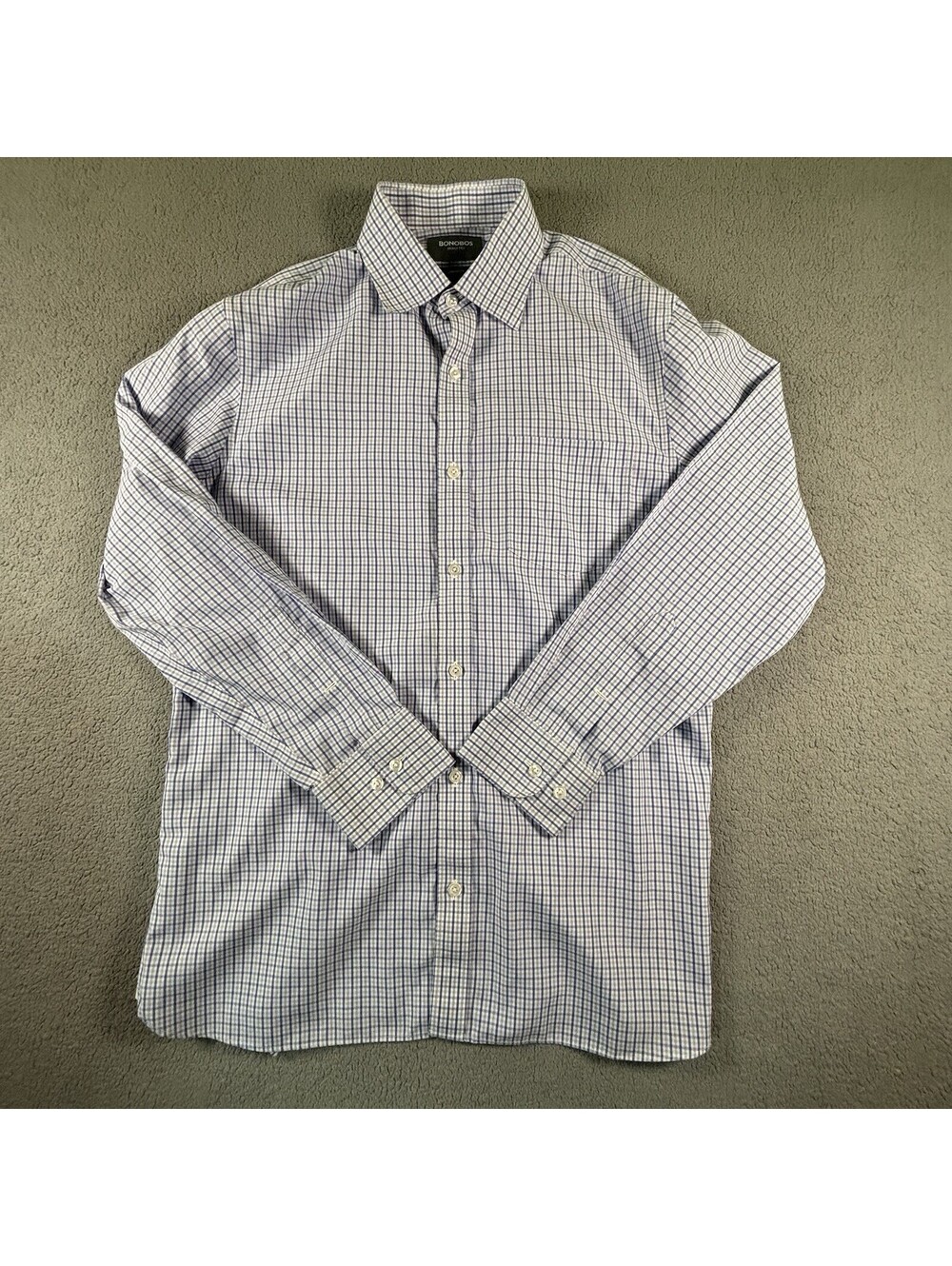 Bonobos Wrinkle Free Dress Shirt Men 16 34 Blue Gingham Check Standard Fit LS